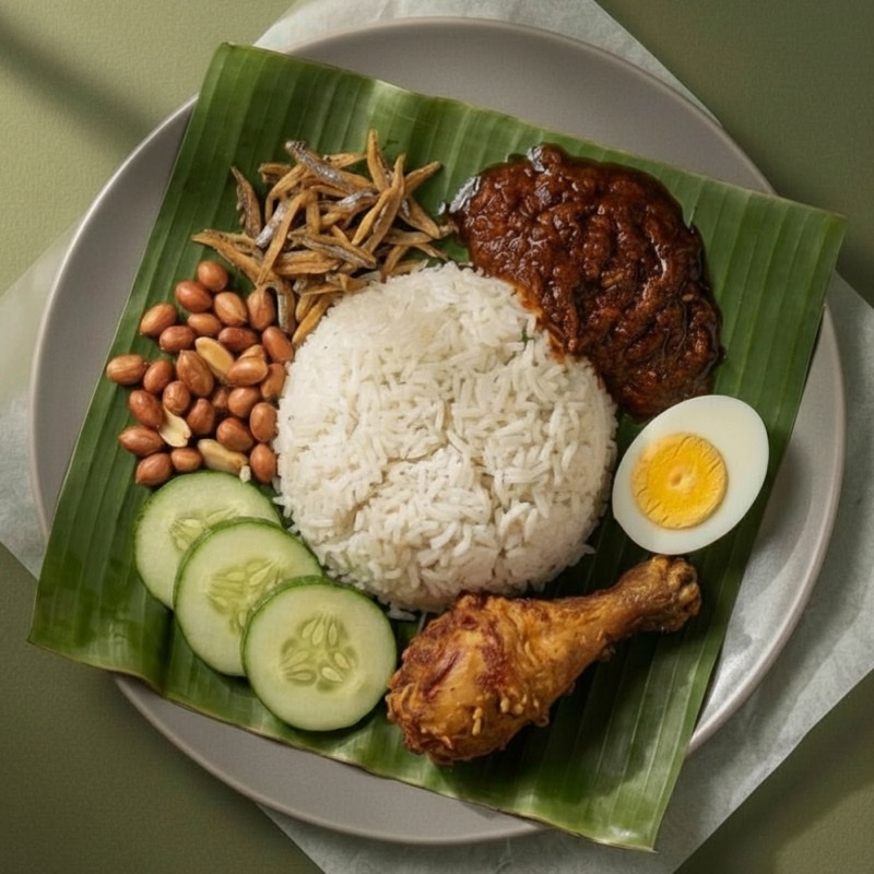 Nasi Lemak set: nasi, sambal, ikan bilis, kacang, telur, timun, ayam goreng